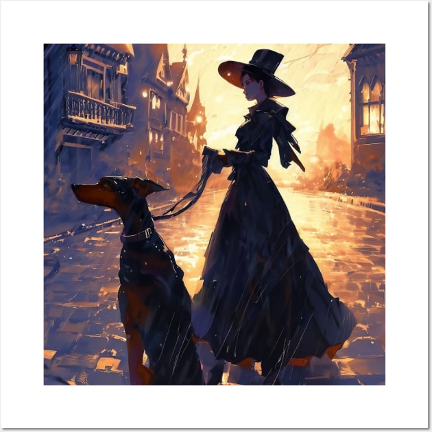 Victorian woman with doberman dog on street Wall Art by TomFrontierArt